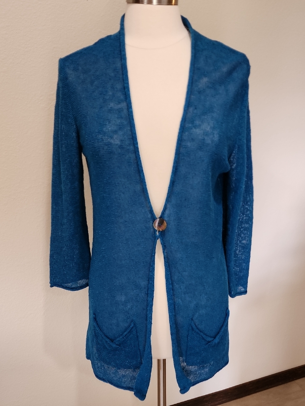 Coldwater Creek Cardigan Slub Loose Knit Linen Blend Long Length Teal Medium